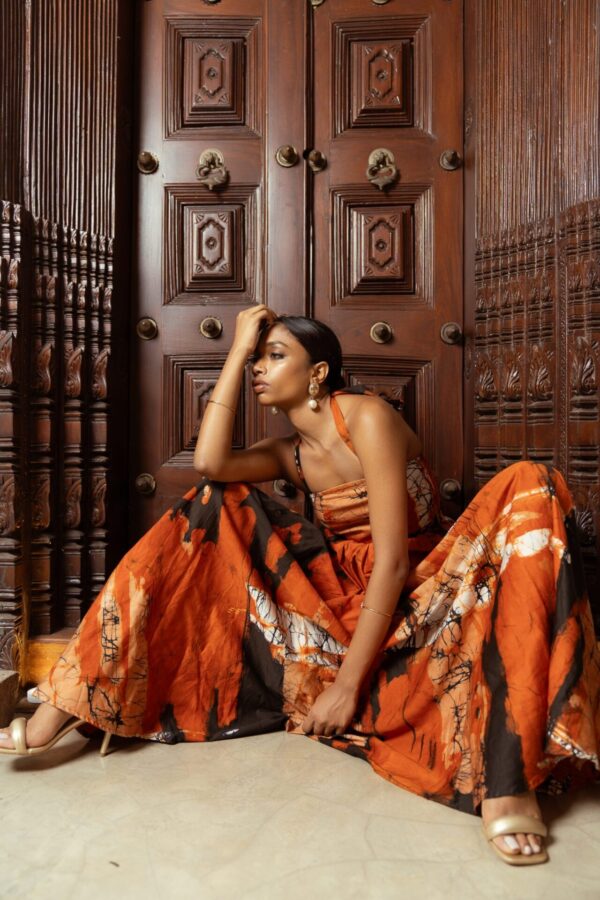 Leila Halterneck Orange and Black Batik Maxi Dress