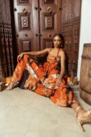 Leila Halterneck Orange and Black Batik Maxi Dress