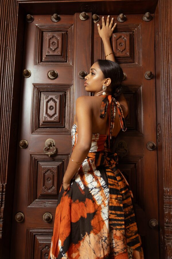 Leila Halterneck Orange and Black Batik Maxi Dress