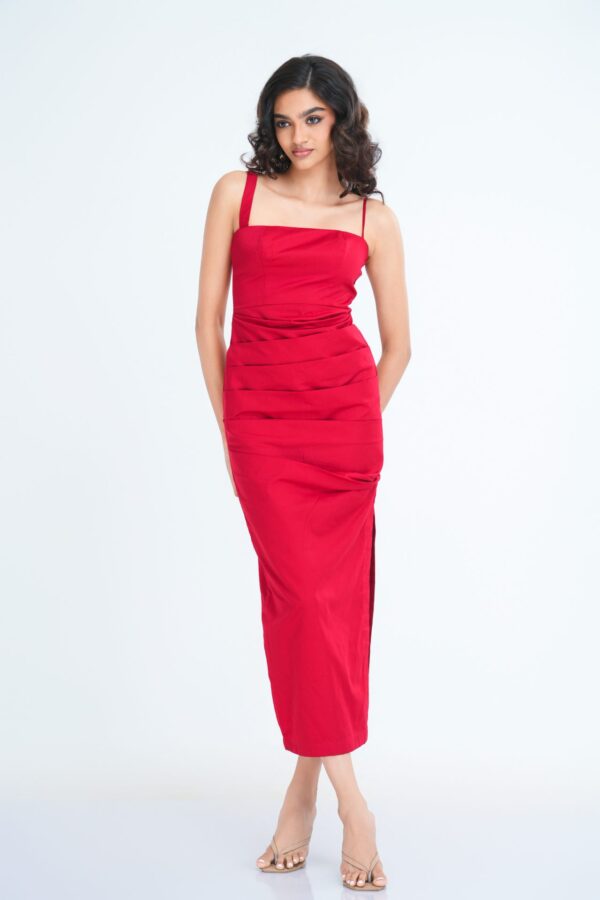 Kiera Strappy Fitted Midi Dress in Red