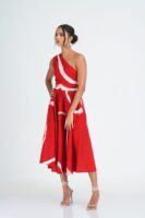 Myla Flared One Shoulder Midi Dress in Red