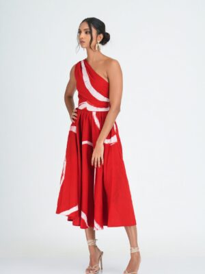 Myla Flared One Shoulder Midi Dress in Red