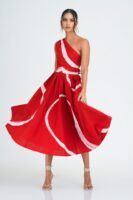 Myla Flared One Shoulder Midi Dress in Red