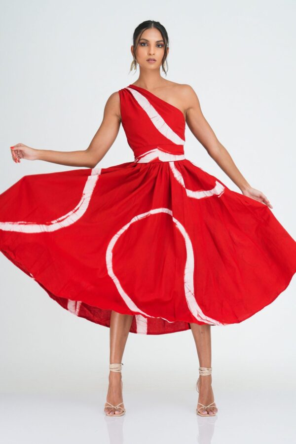 Myla Flared One Shoulder Midi Dress in Red
