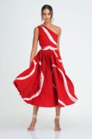 Myla Flared One Shoulder Midi Dress in Red