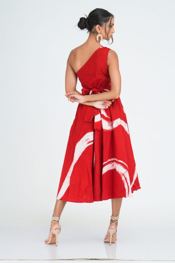 Myla Flared One Shoulder Midi Dress in Red