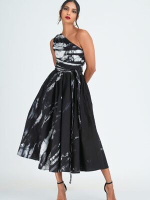 Myla Flared One Shoulder Midi Dress in Black